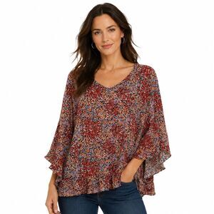 Cynthia Rowley Tunic Blouse Womens 3XL Red Floral V Neck 3/4 Bell Sleeve Top